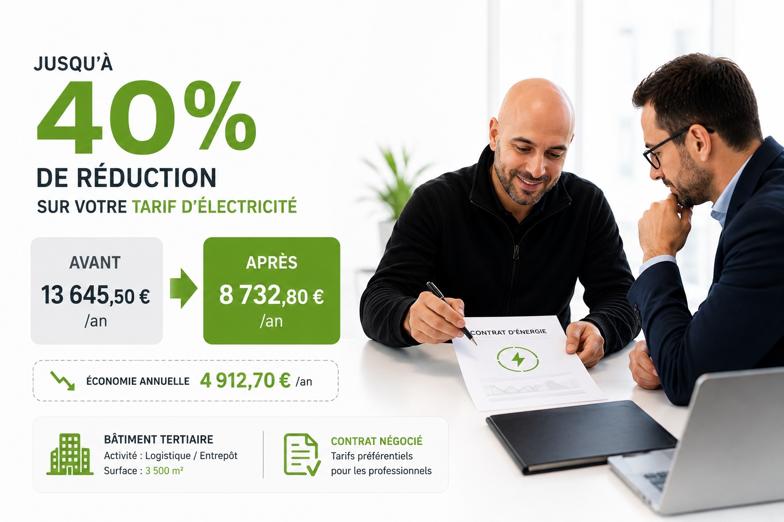 Jusqu'à 40 % de réduction sur votre tarif d'électricité — contrat d'énergie négocié