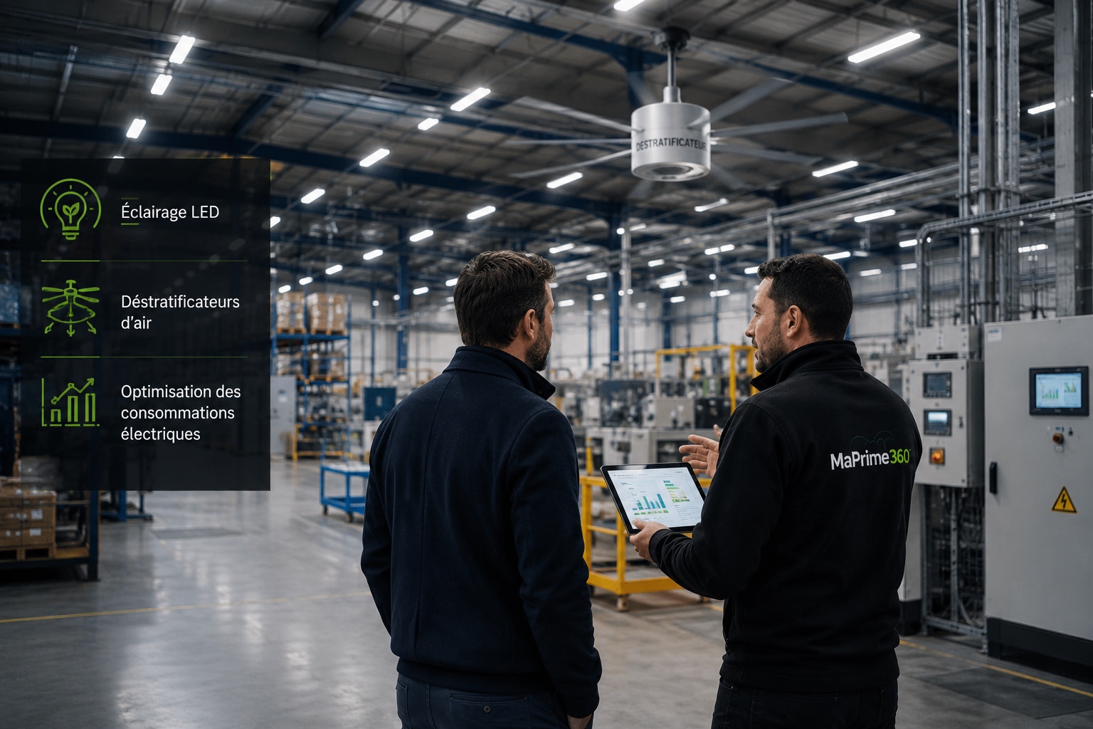 Tertiaire & industrie — éclairage LED, déstratificateurs d'air, optimisation des consommations