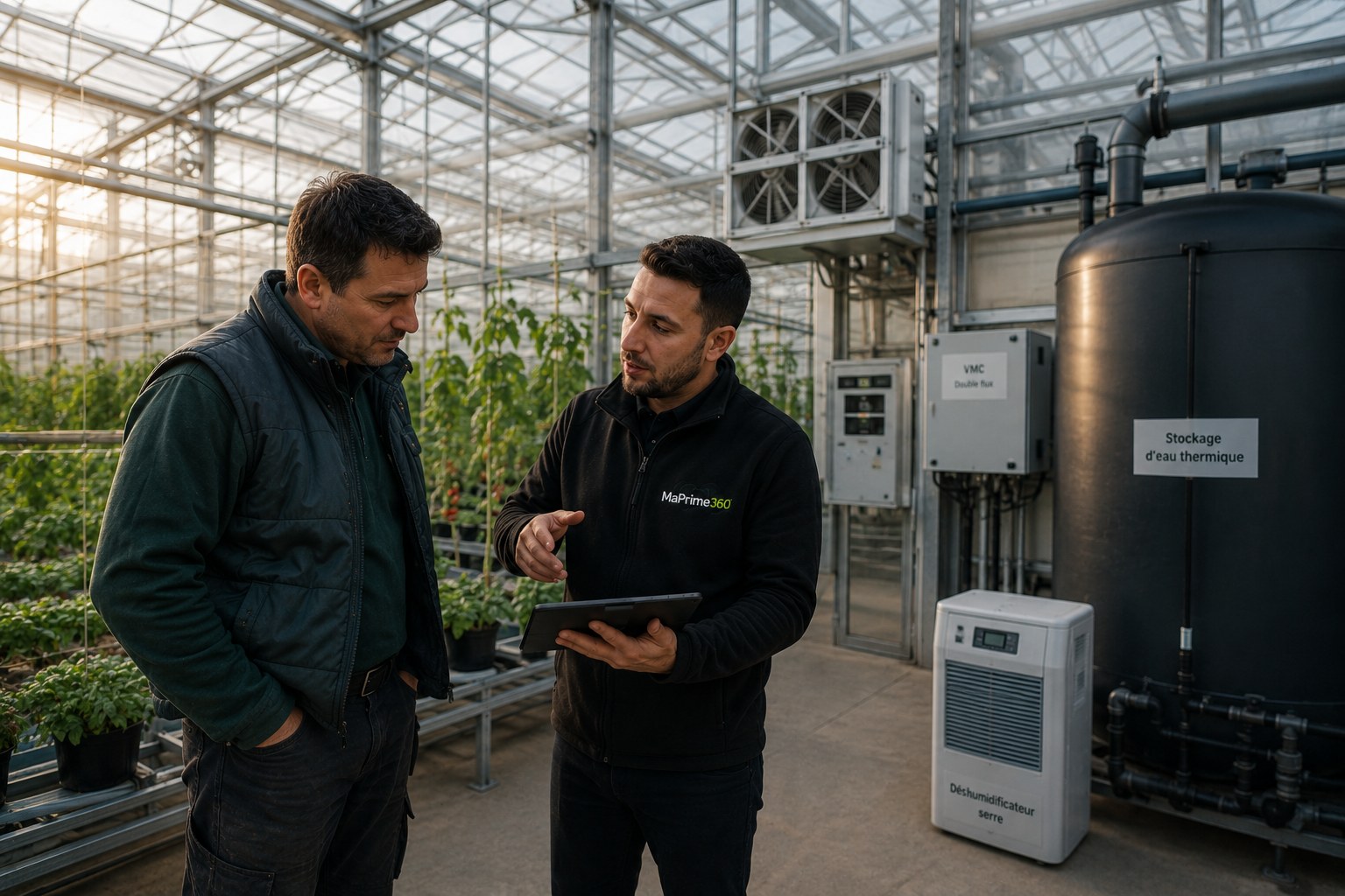 Serre maraîchère équipée — déshumidificateur et stockage d'eau thermique